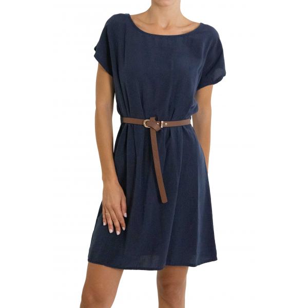 Vestito con cintura tinta unita collo a scatoletta "Moon"